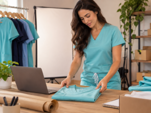 Produção de fotografia de scrub feminino para uma loja online