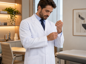 Detalhes do acabamento de um jaleco médico