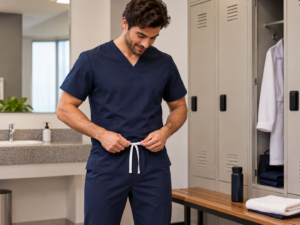 Profissional ajustando o cordão da cintura do scrub masculino