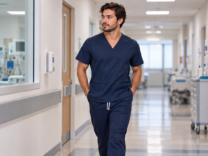 Profissional com pijama cirúrgico masculino em corredor hospitalar