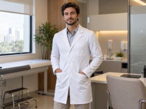 Médico com jaleco masculino de corte slim fit