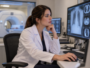 Radiologista de jaleco branco analisando exames de imagem