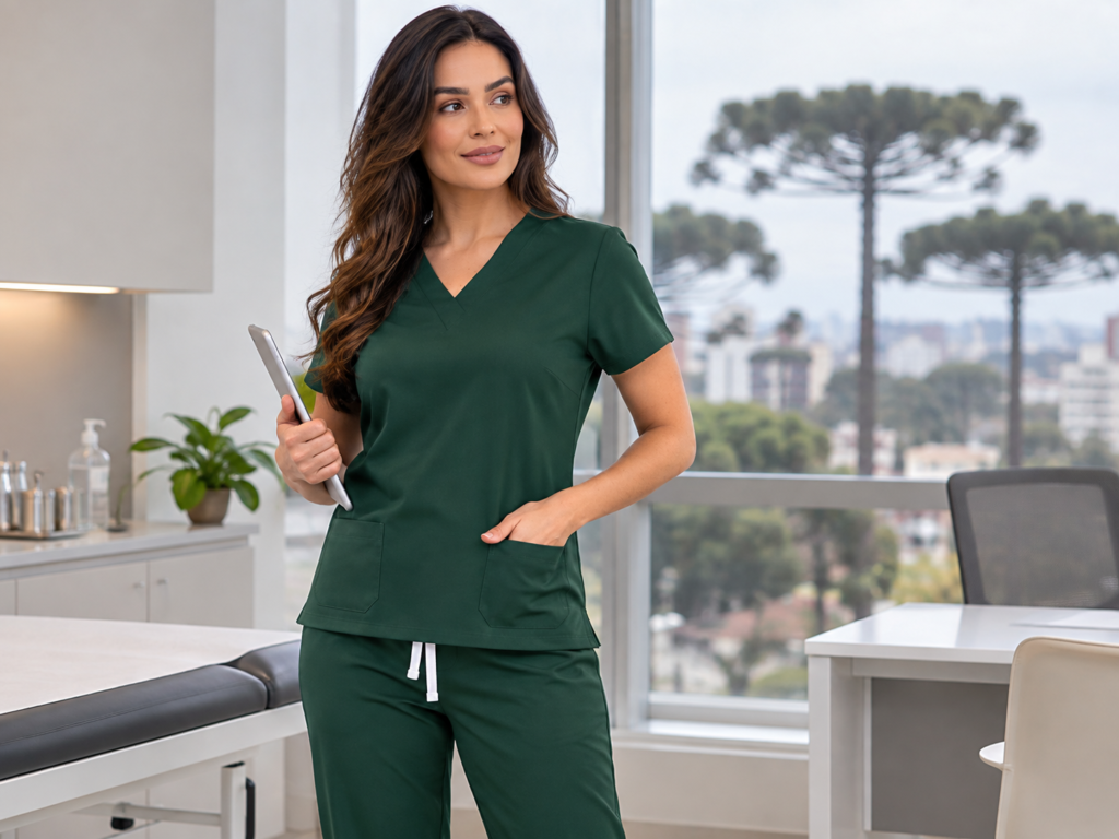 Profissional com scrub em clínica de Curitiba