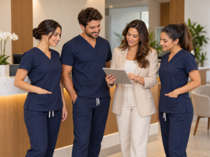 Equipe com scrubs padronizados na recepção de uma clínica