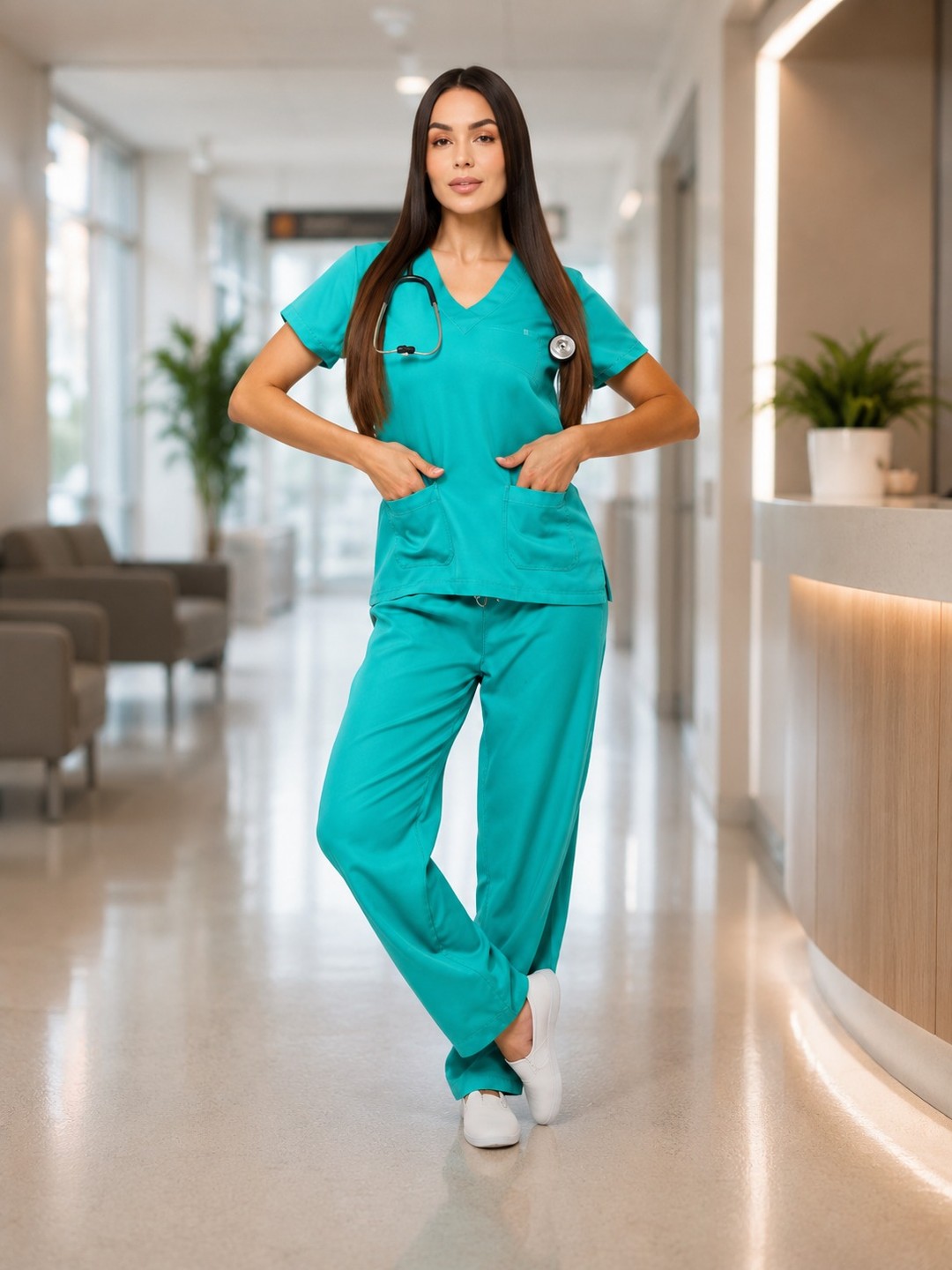 Modelo com scrub verde na recepção de um hospital